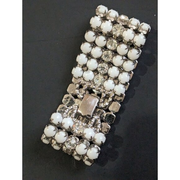 Vintage bracelet rhinestone and white beads statement Estate 7 inch - Picture 5 of 11